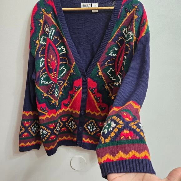 Vtg Lucia Womens Oversized 3D Knit Cardigan Sweater L Boho Paisley Embroidered - Picture 2 of 11